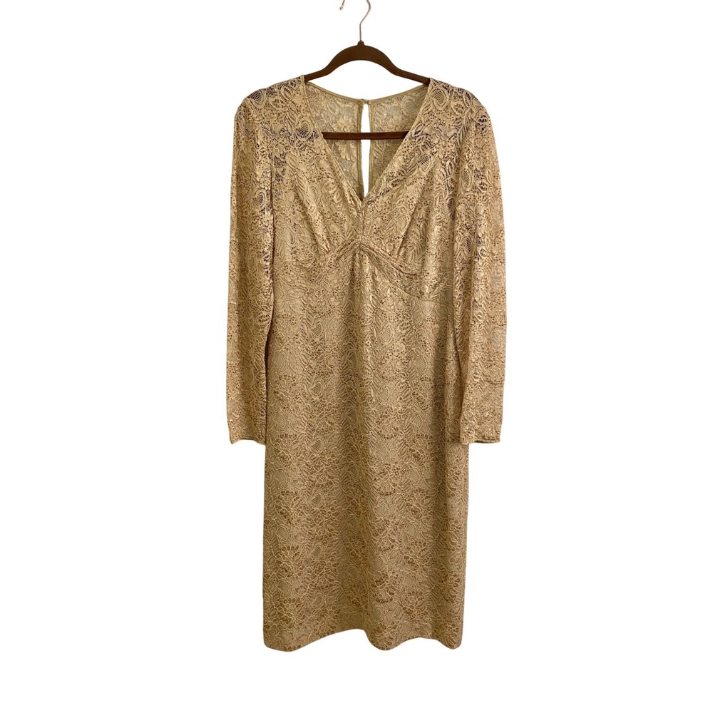 Talbots Womens Beaded Floral Lace V-Neck Sheath Dress Champagne Gold Size 10
